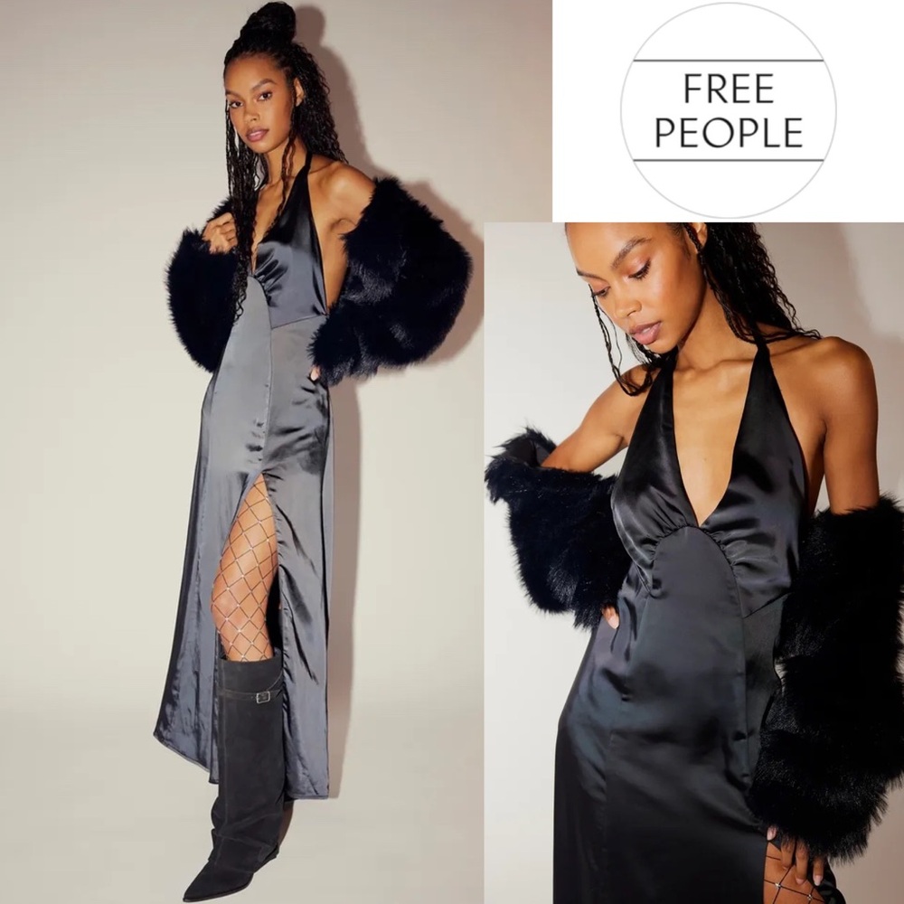 Free People Dance ‘Till Dawn Dress Black Midnight Midi Maxi Thigh-High Split